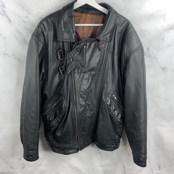 Vintage Jackets & Blazers - Vintage Black Metropol Echt Leder Motorcycle Full Zip Jacket Mens YKK 80s 52 XL